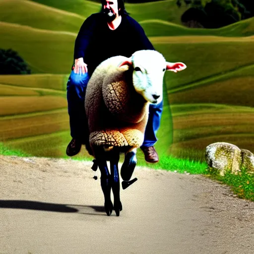 Image similar to morbidly obese keanu reeves riding a texel sheep, photo, detailed, 4 k