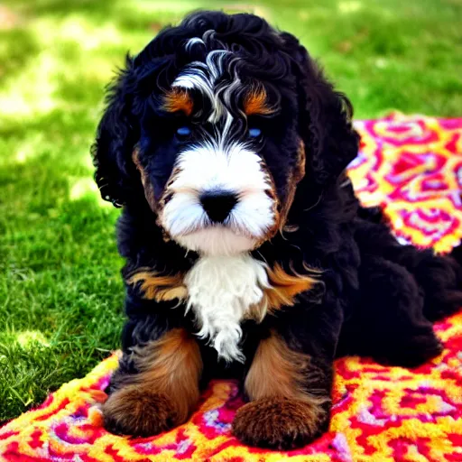 Prompt: Bernedoodle puppy with huge eyes