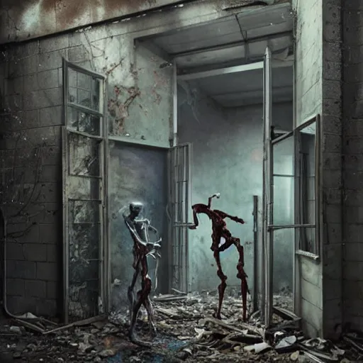 Image similar to A horrific painting of sinister broken mannequins in an abandoned warehouse. Backroom liminal spaces. Queue. Door. by Tom Bagshaw, Dan Mumford, Dariusz Zawadzki, Todd McFarlane, and Erik Johansson