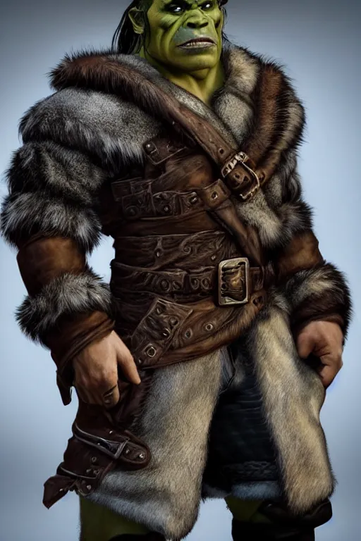 Prompt: A full body shot of a handsome half-orc looking into the camera wearing a leather fur jacket and boots, full body shot, detailed face, portrait, artstation, realistic, highly detailed, symmetrical, D&D, Dungeons & Dragons, hyper realistic, dynamic pose, high detail, octane render, unreal engine, 8k, fantasy art, highly detailed, dramatic lighting, concept art