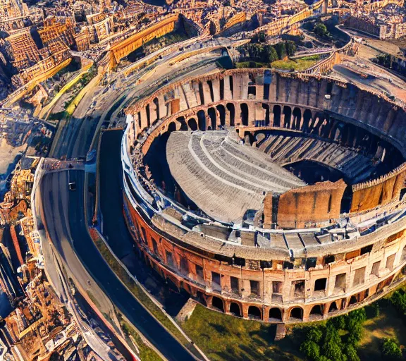 Image similar to A full shot of the roman colosseum designed by zaha hadid, overhead view, golden hour, 4K Photograph