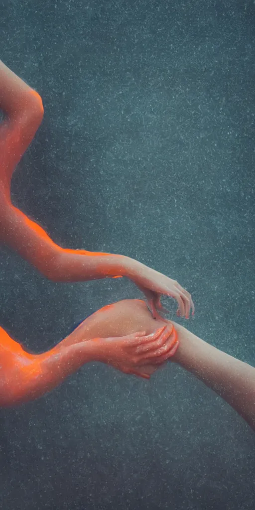 Prompt: a blurry closeup picture of woman's skin gripped tightly, female bodies, hands, dripping wet, macro photography, long exposure photograph, surrealism, anamorphic bokeh, cozy, soft light, cyan and orange, caustic, atmospheric fog, octane render, cinematic