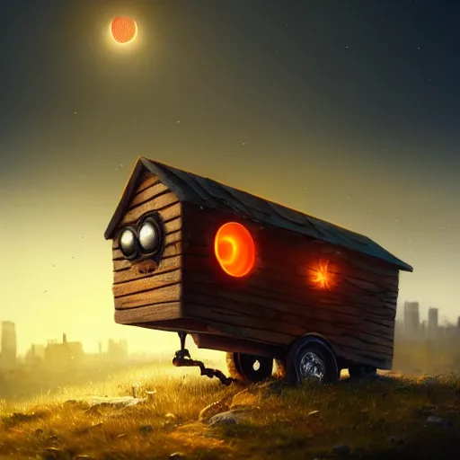 Image similar to a walking tiny wood house with two mechanical legs and two glowing eyes, rust, hyperrealistic, pareidolia, highly detailed, cinematic, single ray of sun, fog, city in background, beautiful, cgssociety, artstation, 8 k, oil painting