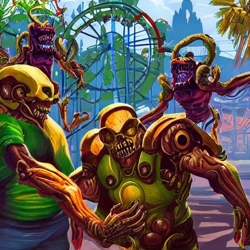 Prompt: doom guy and demons having fun at a theme park, theme park, colourful, sunny day, cheery, highly detailed