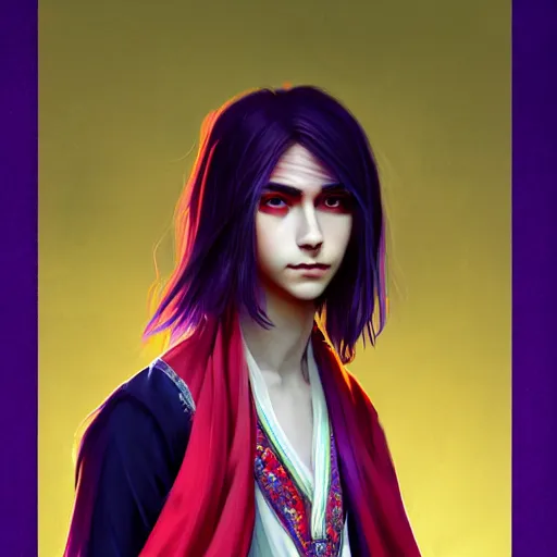 Prompt: colorful and festive captivating teenager boy with straight indigo hair, purple eyes with red eye markers, slim body, wearing a detailed japanese kimono. rich vivid colors, ambient lighting, dynamic lighting, 4 k, atmospheric lighting, painted, intricate, highly detailed by charlie bowater