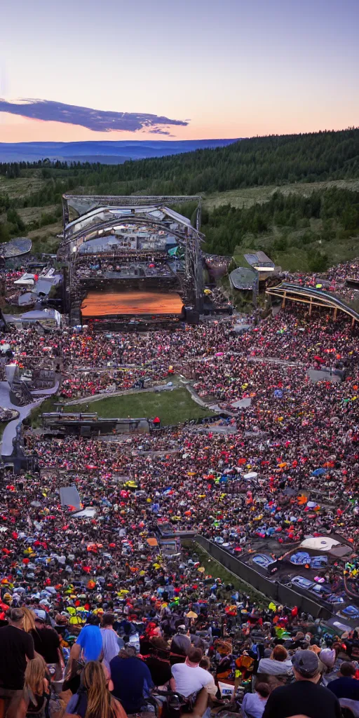 Prompt: dave matthews band performing at dusk at the gorge amphitheatre in washington state