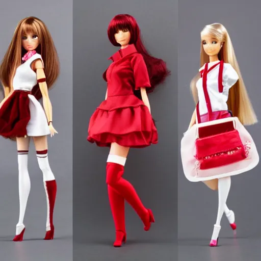 Image similar to anime barbie doll, 5 dolls, doctor suit, playboy, leather, in red velvet stockings, a nurse's dress, full length, heels on her feet