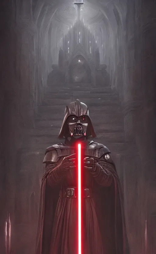 Prompt: « a beautiful darth bane creating a rule of two in an ancient sith temple stylized as a catholic church, very realistic, trending on artstation »