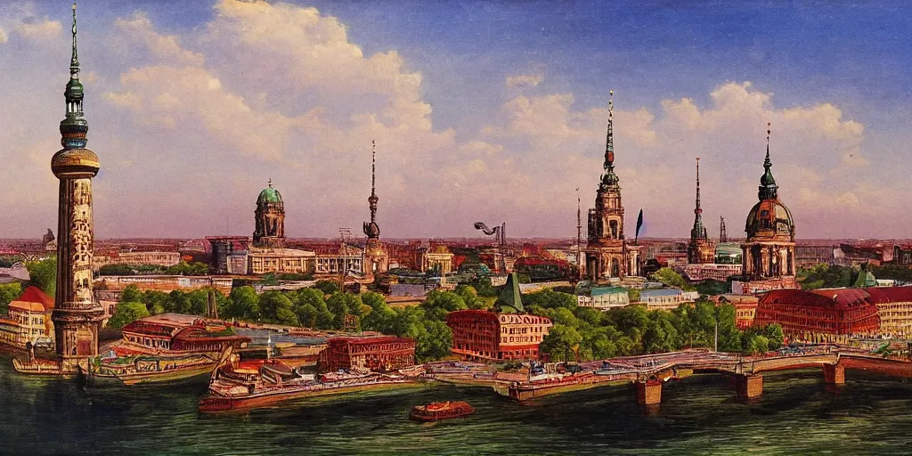 Image similar to berlin skyline in the style of raja ravi varma, high detail, realism