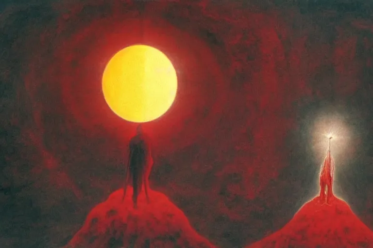 Image similar to people activate behelit in the middle of eclipse, human sacrifice , Old testament angel, dark sky, red cloud, sea of blood, beksinski