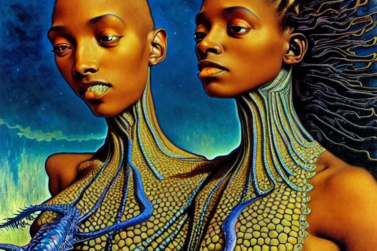 Image similar to realistic extremely detailed closeup portrait painting of a beautiful black woman wearing futuristic dress, dystopian landscape with a mutant dragon on background by Jean Delville, Amano, Yves Tanguy, Alphonse Mucha, Ernst Haeckel, Edward Robert Hughes, Roger Dean, rich moody colours