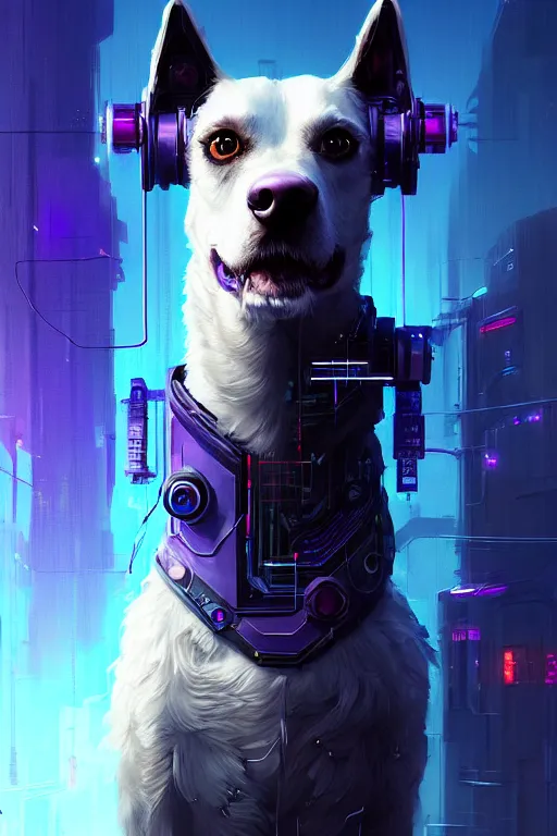 Prompt: a beautiful portrait of a cute cyberpunk dog by greg rutkowski and wlop, purple blue color scheme, high key lighting, volumetric light, digital art, highly detailed, fine detail, intricate, ornate, complex, octane render, unreal engine, photorealistic