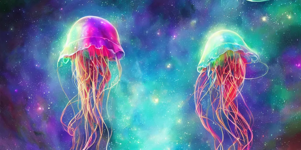 Image similar to Beautiful multi colored jellyfish in space, nebula, gorgeous, amazing, elegant, intricate, highly detailed, digital painting, artstation, concept art, sharp focus, illustration, art by Ross tran