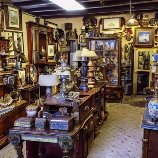 Image similar to a wide angle photo of an antique shop