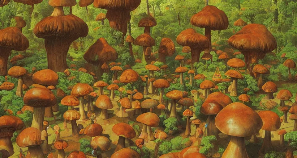 Image similar to A tribal village in a forest of giant mushrooms, by Thomas Blackshear