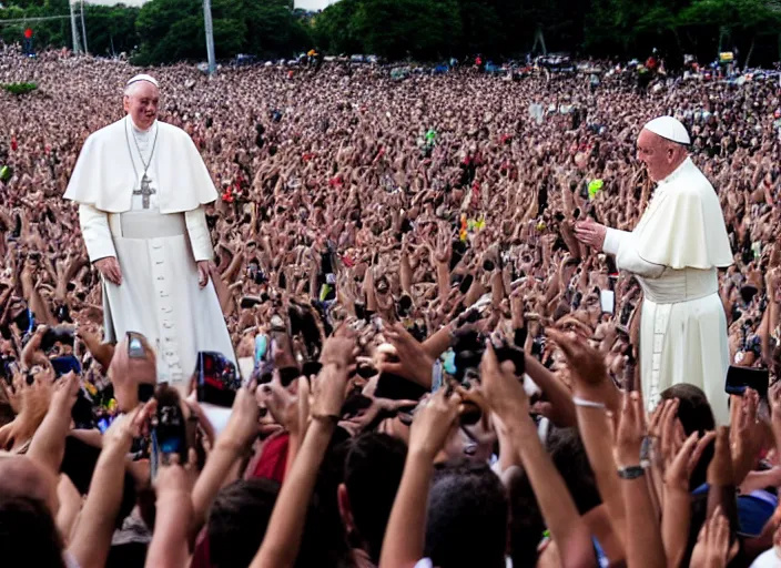 Image similar to photo still of pope francis on stage at the vans warped tour!!!!!!!! at age 3 6 years old 3 6 years of age!!!!!!!! stage diving into the crowd, 8 k, 8 5 mm f 1. 8, studio lighting, rim light, right side key light