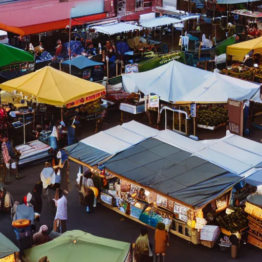 Prompt: film still, establishing shot of bustling farmers market, golden hour, high angle