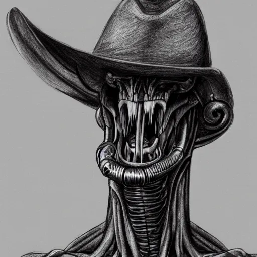 Image similar to a pencil sketch of a xenomorph wearing a cowboy hat, white background, fine detail, 8 k details