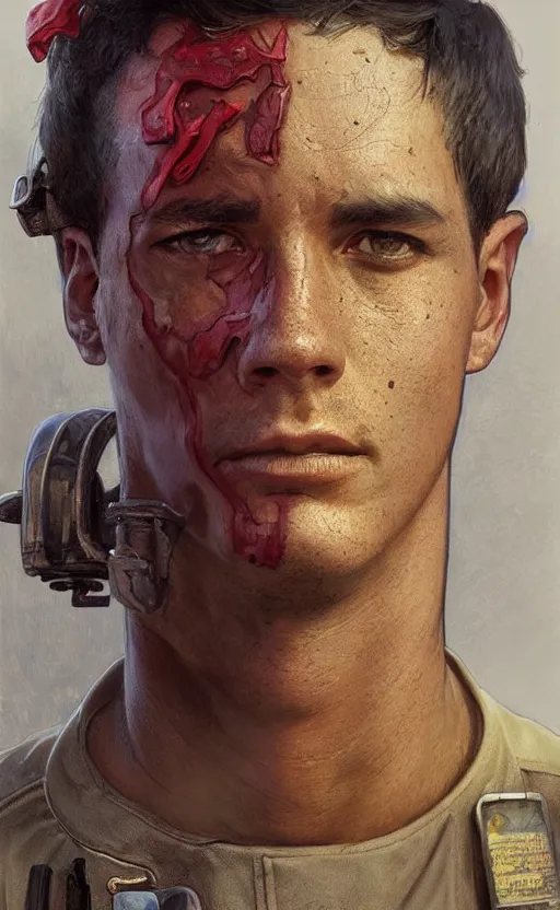 Image similar to portrait of a male firefighter wearing a firefighter suit, bruised, covered in dirt, confident and proud, intricate, headshot, highly detailed, digital painting, artstation, concept art, sharp focus, cinematic lighting, illustration, art by artgerm and greg rutkowski, alphonse mucha, cgsociety