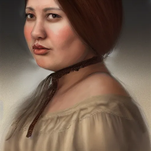 Prompt: portrait, 3 0 years old woman : : dark straight hair : : slightly overweight : : brown medieval cloting, natural materials : : high detail, digital art, illustration, oil painting, realistic