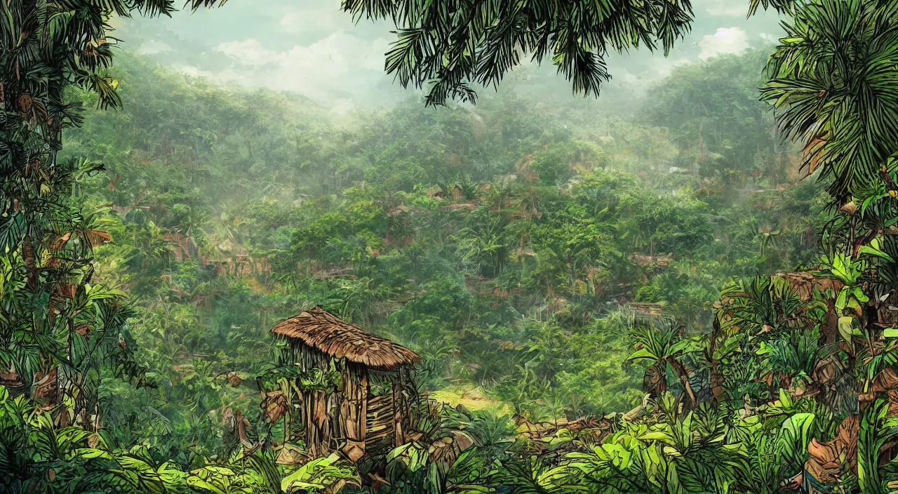 Image similar to close zouk fabric wall fortress countryside jungle dirt a spectacular view cinematic illustration by john kirby