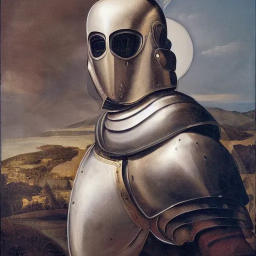 Prompt: a realistic painting by Raffaello Sanzi depicting the knight in shining armor with the head of the symbiotic Carnage in the Renaissance.