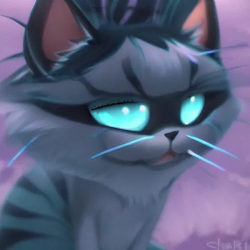 Image similar to a cute bluish black cheshire cat by makoto shinkai