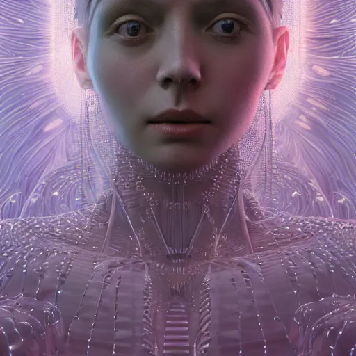 Image similar to Woman's portrait, crystals, flat background, glowing, wires everywhere, by Edgar Maxence and Ross Tran, Zdzisław Beksiński, and Michael Whelan, distant, gustav dore, H.R. Giger, 8k, octane render