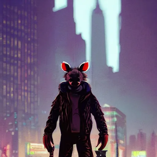 Image similar to new york city portrait of furry anthro anthropomorphic spotted hyena head animal person fursona wearing clothes strange cybernetic muzzle gloomy rainy screenshot from the video game cyberpunk 2077 digital art by Greg Rutkowski, Simon Stalenhag, christopher nolan trending on Artstation, CGSociety