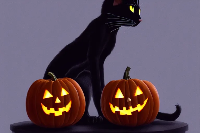 Prompt: portrait of black cat standing next to a jack - o - lantern, halloween night, charlie bowater, artgerm, ilya kuvshinov, krenz cushart, ruan jia, realism, ultra detailed, 8 k resolution