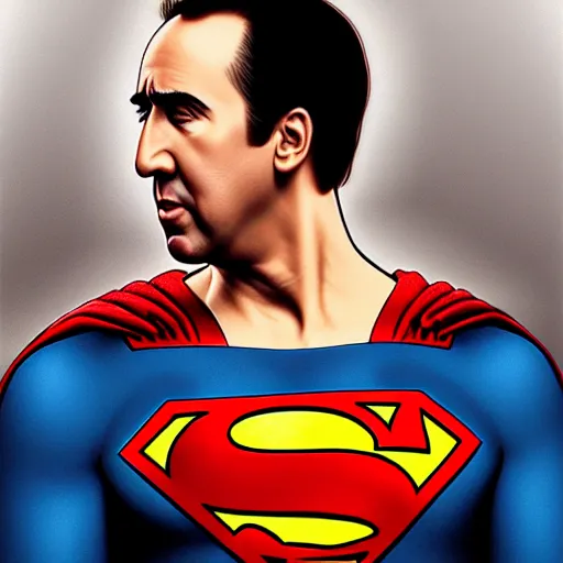 Image similar to upper body portrait of nicolas cage as superman, intricate, elegant, highly detailed, digital painting, artstation, concept art, smooth, sharp focus, illustration, art by artgerm and greg rutkowski and alphonse mucha, award winning, 8 k