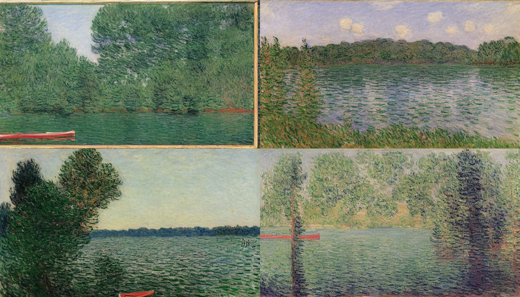 Prompt: pine tree lined lake with a canoe and a dock, viewed from the lake shore, by monet