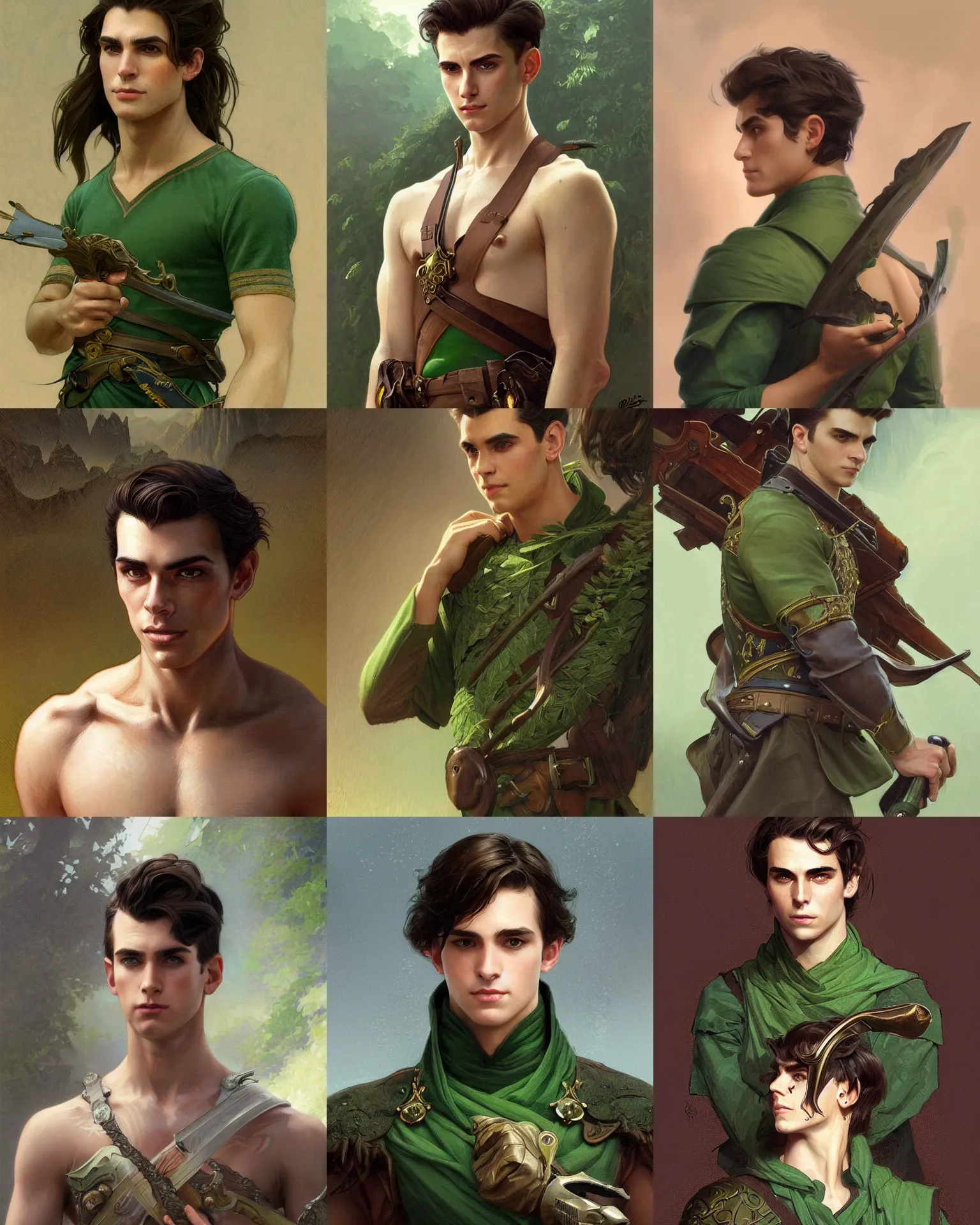 Prompt: a clean shaven determined young man with swept back dark brown hair and green eyes, preparing for battle, fantasy, intricate, elegant, highly detailed, digital painting, artstation, concept art, smooth, sharp focus, illustration, art by artgerm and greg rutkowski and alphonse mucha