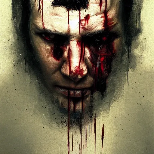 Image similar to close-up, symmetrical, portrait of man, bloody, bruised, scarred, marvel art, art by greg rutkowski, matte painting, trending on artstation