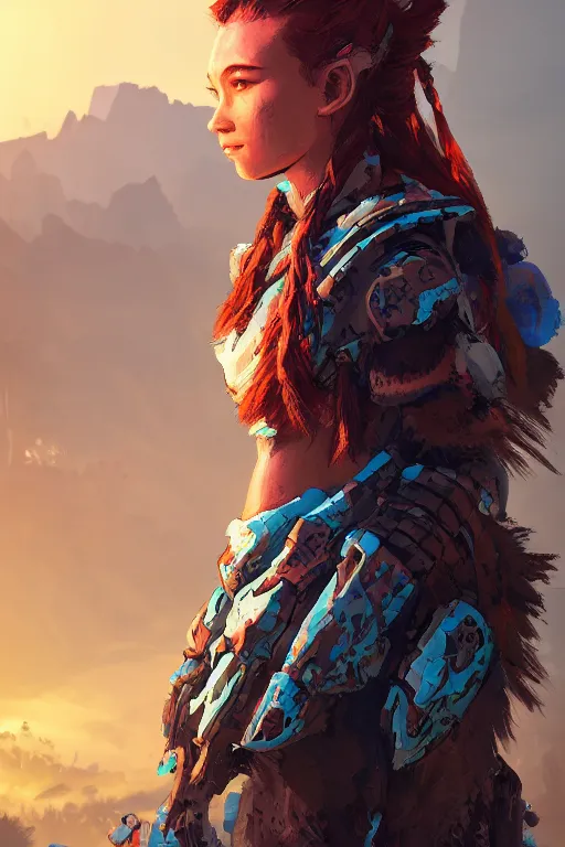 Image similar to combination suit armor aloy horizon forbidden west horizon zero dawn radiating a glowing aura global illumination ray tracing hdr fanart arstation by ian pesty and alena aenami artworks in 4 k tribal robot ninja mask helmet backpack