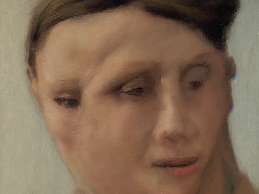 Prompt: very close up portrait of a young tattooed blind woman. painting by borremans