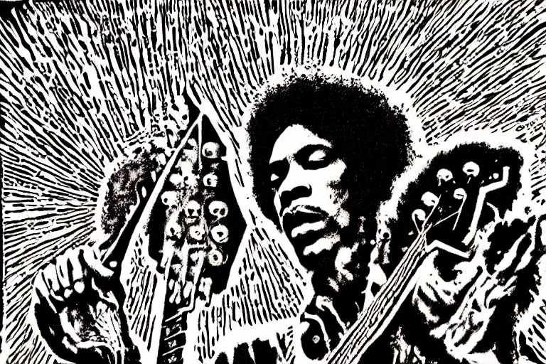 Prompt: grunge rock jimi hendrix, psychedelic concert poster, grainy, surrealist hand drawn by lynd ward, extremely detailed.