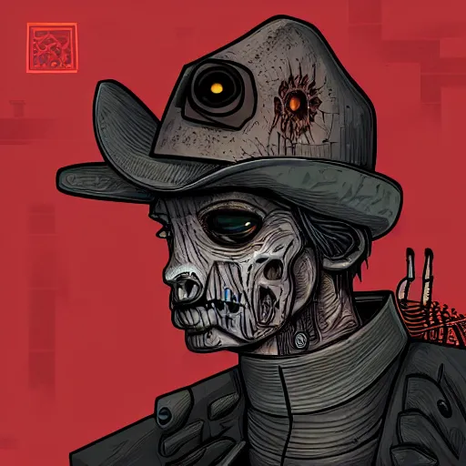 Image similar to album art of a cyberpunk undead cowboy