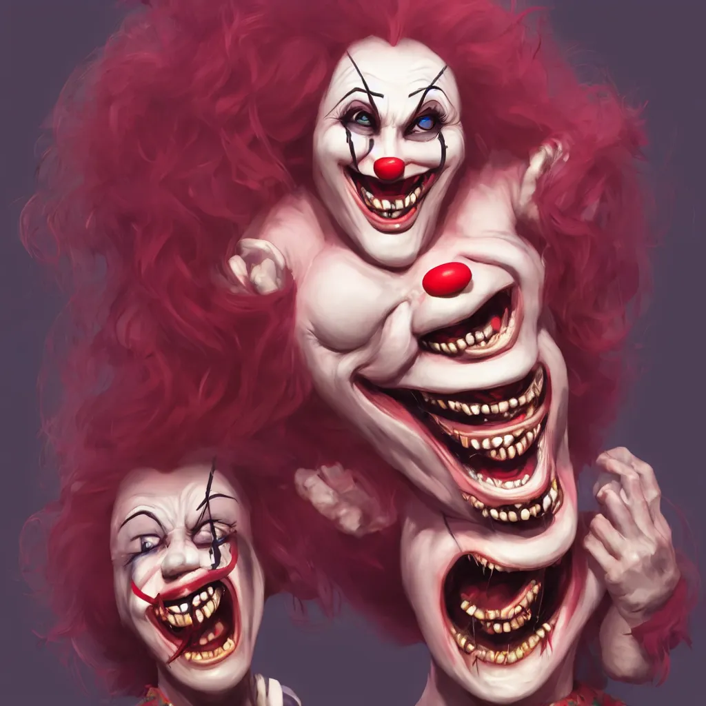 Image similar to a scary female clown laughing, directed gaze, full - body and head view, highly detailed, zeronis style, artstation, soft light, sharp focus, illustration, character design, concept art