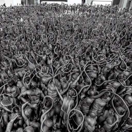 Image similar to hundreds of humans. A sea of humans. interconnected flesh. Crowdcrush. Many humans intertwined and woven together. Bodies and forms amesh. Sculpture by Alberto Giacometti.