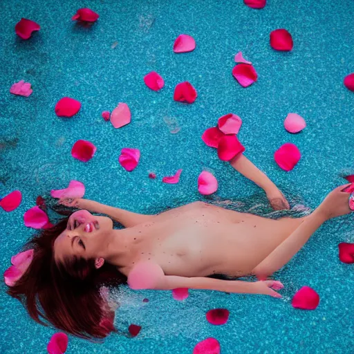 Image similar to woman laying in a pool of rose petals, movie poster, realistic, soft lighting, professional, full body, view from top