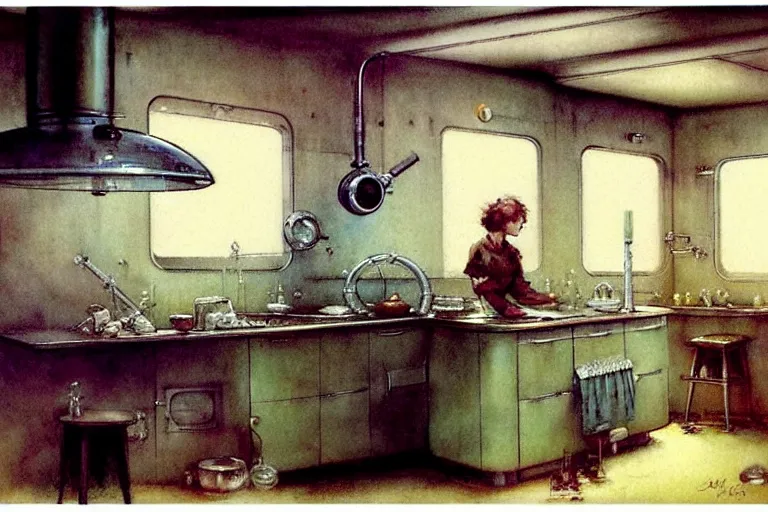 Prompt: ( ( ( ( ( 1 9 5 0 s retro science fiction kitchen interior scene. muted colors. ) ) ) ) ) by jean - baptiste monge!!!!!!!!!!!!!!!!!!!!!!!!!!!!!!