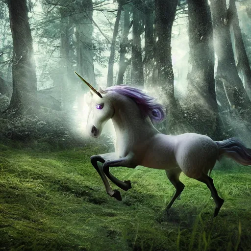 Prompt: realistic octane render 8k of fantasy scene unicorn running in the forest