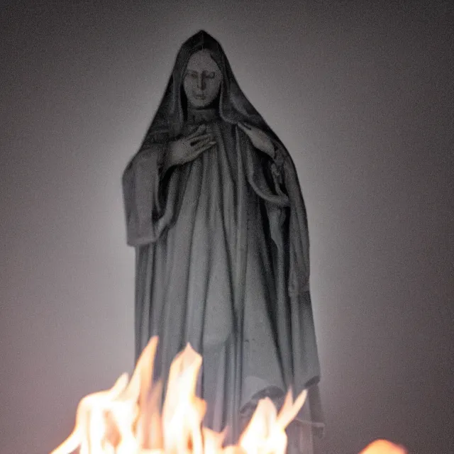 Prompt: statue of holy mother mary of sacred heart, half black and burned and on fire, crisp grainy photograph