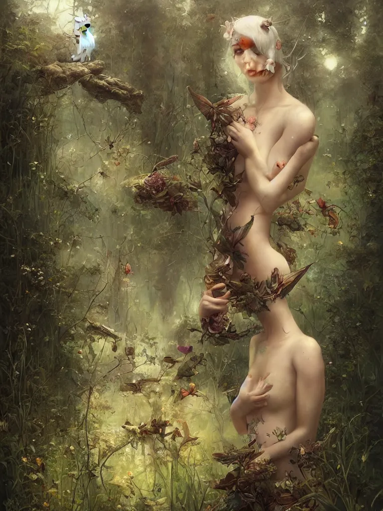 Prompt: a solarpunk very very very beautiful lush landscape of a the most beautiful nymph in a field are of broken stone words, hyperrealistic, award-winning, masterpiece, in the style of Tom Bagshaw, Cedric Peyravernay, Peter Mohrbacher