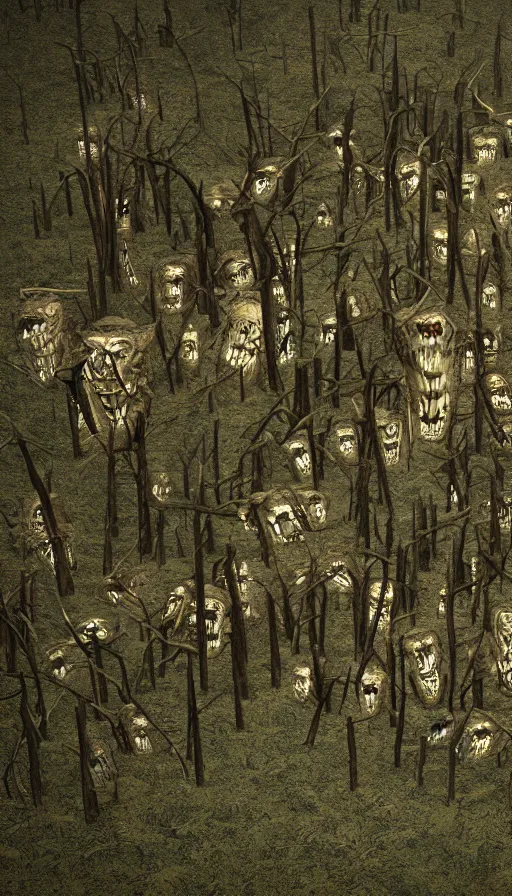 Prompt: a storm vortex made of many demonic eyes and teeth over a forest, with vray