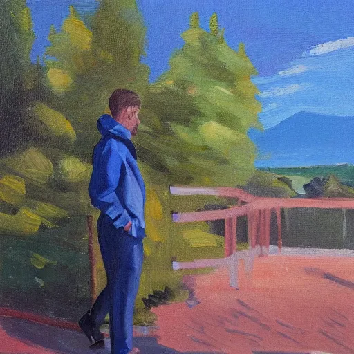 Image similar to guy in a blue jacket, landscape, oil painting