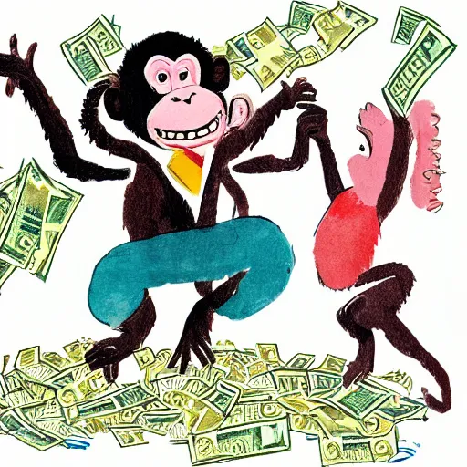 Image similar to a monkey juggling wads of cash, illustration by Quentin Blake