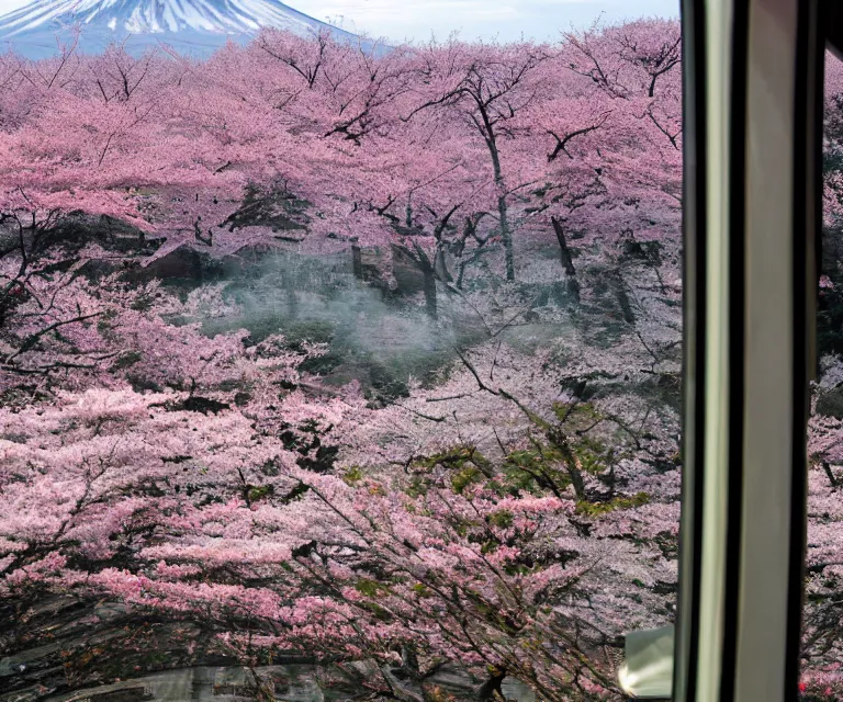 Image similar to mount fuji, japanese landscape with sakura trees, seen from a window of a train. beautiful! dlsr photo