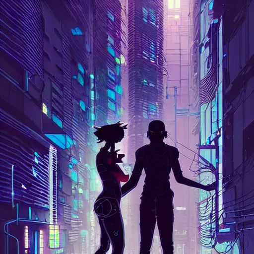 Image similar to A cyberpunk couple has an intimacy on the street of a cyberpunk city art by Josan Gonzalez, sci-fi, highly detailed, digital painting, artstation, smooth, sharp focus, illustration, concept art by Josan Gonzalez and James Gurney and Mœbius